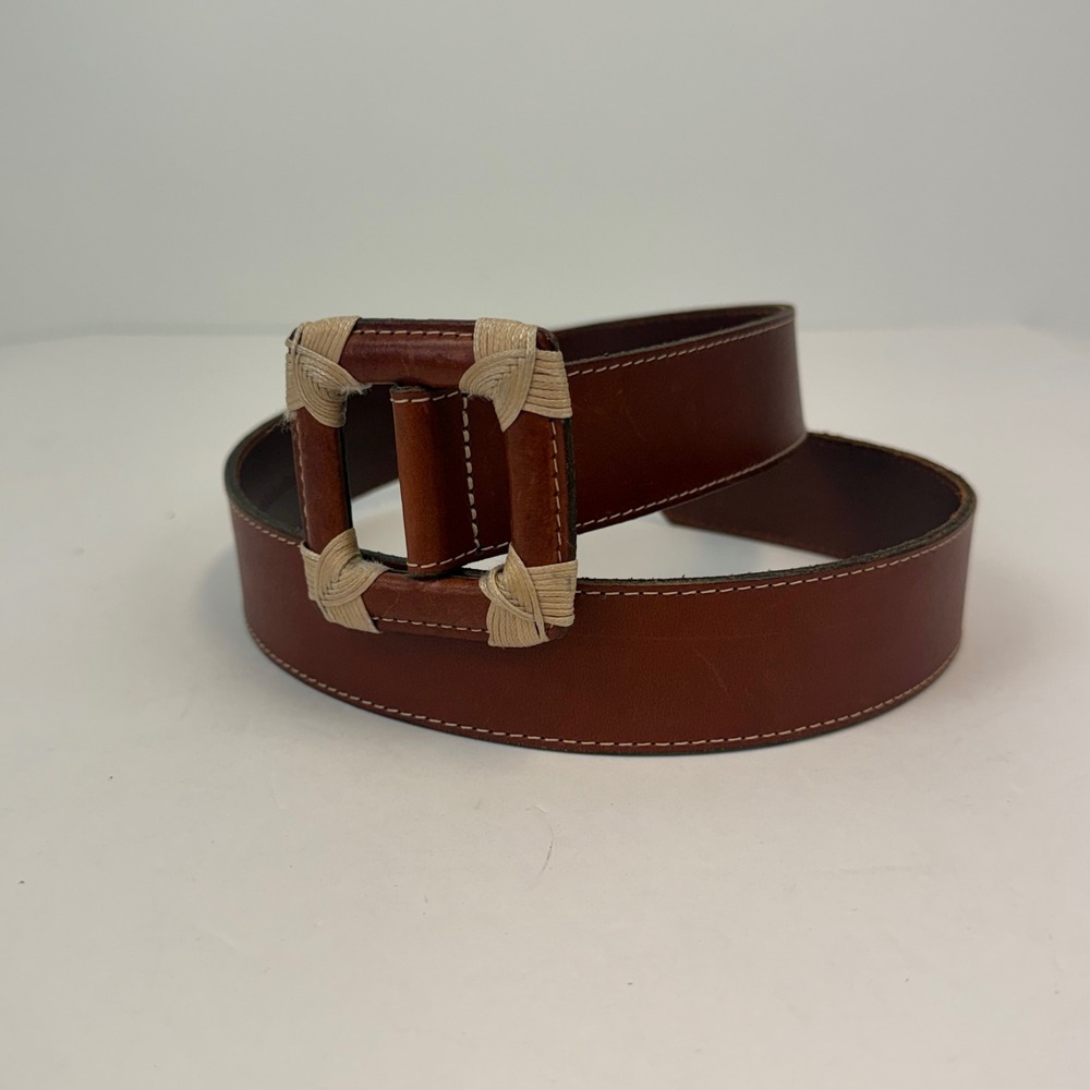 Talbots Brown Italian Saddle Leather Belt Raffia Wrapped Buckle Small 52-013